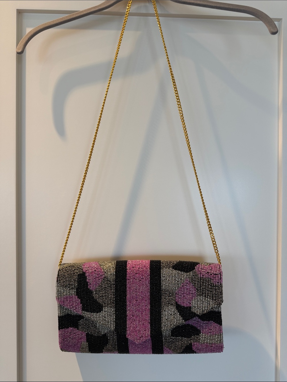 Beaded Pink, Black & Gray Evening Clutch with Gold Chain